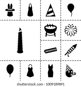 Party icons. set of 13 editable filled party icons such as baloon, dress, barbecue, balloon, fireworks, reserved, candle