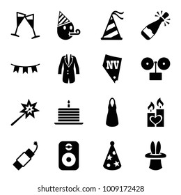 Party icons. set of 16 editable filled party icons such as vegas, dress, gramophone, sparklers, candle heart, wine glass, firework, jacket, speaker, cake with one candle