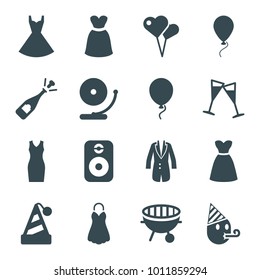 Party icons. set of 16 editable filled party icons such as dress, opened champagne, heart shaped air balloon, wine glass, jacket, bbq, speaker, baloon, gramophone