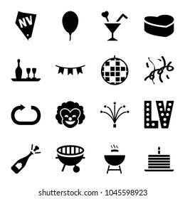 Party icons. set of 16 editable filled party icons such as vegas, opened champagne, disco ball, cocktail, party flag, balloon, fireworks, bbq, confetti, wine bottle and glass