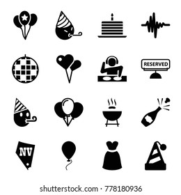 Party icons. set of 16 editable filled party icons such as vegas, disco ball, balloon, heart shaped air balloon, barbeque, music equalizer, reserved, champagne