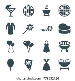 Party icons. set of 16 editable filled party icons such as vegas, dress, sparklers, disco ball, heart shaped air balloon, barbeque, heart cake, balloon, party pipe, bbq