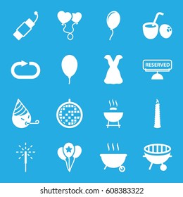 Party icons set. set of 16 party filled icons such as dress, party emot, heart balloons, reload replay, balloon, sparkler, firework, bbq, disco ball, reserved, candle