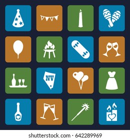 Party icons set. set of 16 party filled icons such as sparklers, vegas, dress, champagne bottle with heart, clink glasses, candle heart, balloon, wine glass, maraca