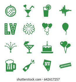 Party icons set. set of 16 party filled icons such as baloon, cake with one candle, vegas, opened champagne, heart balloons, cocktail, music equalizer, fireworks, disco ball