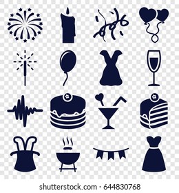 Party icons set. set of 16 party filled icons such as dress, cake, piece of cake, heart balloons, cocktail, music equalizer, party flag, wine glass, sparkler, fireworks