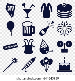 Party icons set. set of 16 party filled icons such as baloon, cake with one candle, sparklers, vegas, dress, party emot, cake, cocktail, fireworks, balloon, reserved, beer