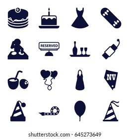 Party icons set. set of 16 party filled icons such as cake with one candle, vegas, dress, cake, heart balloons, balloon, firework, wine bottle and glass, reserved, skate board