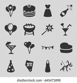 Party icons set. set of 16 party filled icons such as vegas, dress, cake, heart cake, cocktail, confetti, balloon, champagne, sparklers, barbecue