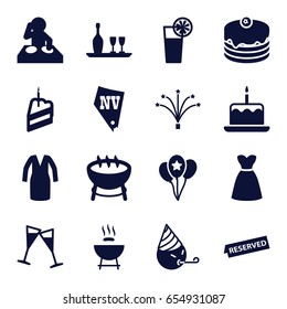 Party icons set. set of 16 party filled icons such as cake with one candle, vegas, dress, party emot, cake, wine glass, cocktail, fireworks, piece of cake, balloon