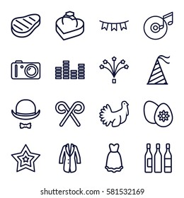 Party icons set. Set of 16 Party outline icons such as candy cane, turkey, ring in box, fireworks, star, wine glass, disc and music note, hat and moustache, dress, jacket