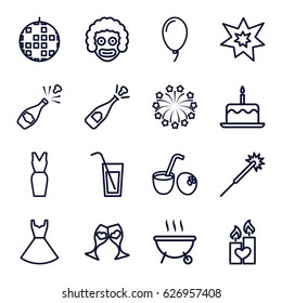 Party icons set. set of 16 party outline icons such as cake with one candle, sparklers, dress, clink glasses, candle heart, balloon, fireworks, cocktail, drink coconut