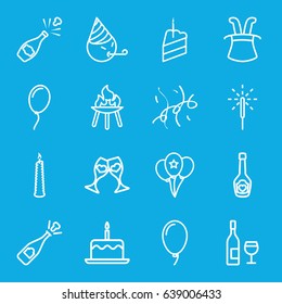Party icons set. set of 16 party outline icons such as cake with one candle, champagne bottle with heart, clink glasses, balloon, sparkler, piece of cake, confetti, candle
