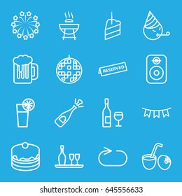 Party icons set. set of 16 party outline icons such as cake, reload replay, cocktail, fireworks, piece of cake, disco ball, wine bottle and glass, reserved, speaker