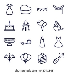 Party icons set. set of 16 party outline icons such as cake with one candle, dress, piece of cake, heart cake, fireworks, mask, reserved, bbq, champagne