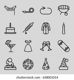 Party icons set. set of 16 party outline icons such as cake with one candle, dress, clink glasses, reload replay, fireworks, mask, jacket, bbq, disco ball, candle, cocktail