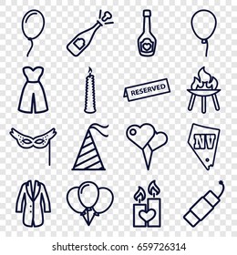 Party icons set. set of 16 party outline icons such as baloon, vegas, dress, champagne bottle with heart, candle heart, party hat, firework, mask, jacket, reserved, candle