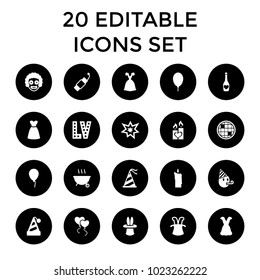 Party icons. set of 20 editable filled party icons such as baloon, vegas, dress, magic hat, clown, candle heart, balloon. best quality party elements in trendy style.