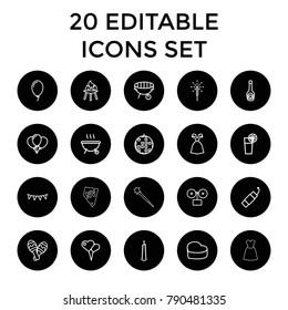 Party icons. set of 20 editable outline party icons such as dress, gramophone, disco ball, balloon, heart shaped air balloon. best quality party elements in trendy style.
