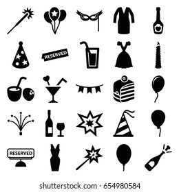 Party icons set. set of 25 party filled icons such as baloon, sparklers, dress, opened champagne, piece of cake, champagne bottle with heart, cocktail, balloon, fireworks