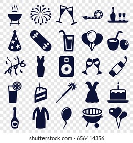 Party icons set. set of 25 party filled icons such as cake with one candle, sparklers, dress, champagne bottle with heart, clink glasses, wine glass, cocktail, firework