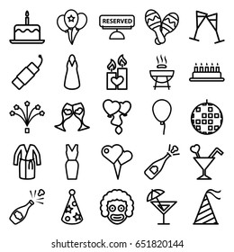 Party icons set. set of 25 party outline icons such as baloon, cake with one candle, dress, heart balloons, clink glasses, cocktail, candle heart, party hat, wine glass