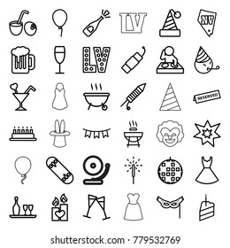 Party icons. set of 36 editable outline party icons such as baloon, vegas, dress, opened champagne, disco ball, dj, barbeque, cake, cocktail, candle heart, wine glass