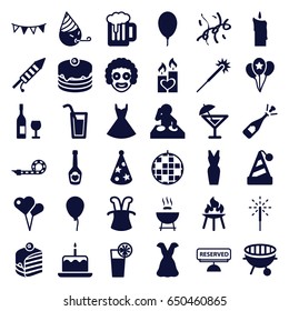 Party icons set. set of 36 party filled icons such as baloon, cake with one candle, sparklers, dress, opened champagne, cake, piece of cake, champagne bottle with heart