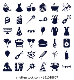 Party icons set. set of 36 party filled icons such as baloon, sparklers, vegas, dress, opened champagne, piece of cake, heart balloons, champagne bottle with heart, sparkler