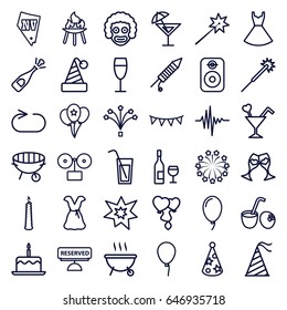 Party icons set. set of 36 party outline icons such as baloon, cake with one candle, sparklers, vegas, dress, heart balloons, clink glasses, cocktail, music equalizer