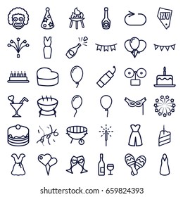 Party icons set. set of 36 party outline icons such as baloon, cake with one candle, vegas, dress, cake, champagne bottle with heart, clink glasses, cocktail