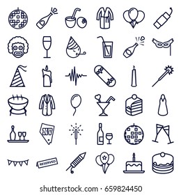 Party icons set. set of 36 party outline icons such as cake with one candle, sparklers, vegas, dress, cake, piece of cake, cocktail, music equalizer, wine glass, sparkler