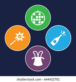 Party icons set. set of 4 party filled icons such as opened champagne, magic hat, sparklers