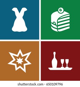 Party icons set. set of 4 party filled icons such as dress, piece of cake, fireworks