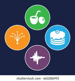 Party icons set. set of 4 party filled icons such as cake, music equalizer, fireworks