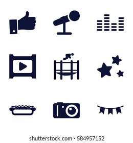 Party icons set. Set of 9 Party filled icons such as party flag, star, trampoline, microphone, play, camera, equalizer, pie