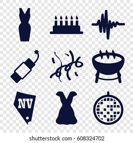 Party icons set. set of 9 party filled icons such as Vegas, dress, music equalizer, firework, confetti, disco ball, barbecue