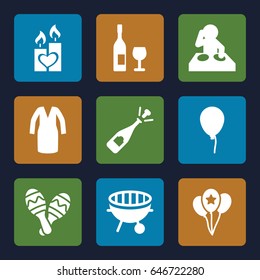 Party icons set. set of 9 party filled icons such as baloon, dress, opened champagne, candle heart, maraca, bbq, balloon, wine glass and bottle