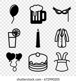 Party icons set. set of 9 party filled and outline icons such as heart balloons, mask, candle, balloon, beer, cake, cocktail, jacket