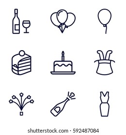 party icons set. Set of 9 party outline icons such as baloon, cake with one candle, dress, piece of cake, fireworks, opened champagne, wine glass and bottle, magic hat