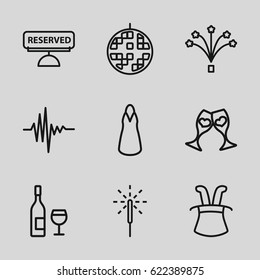 Party icons set. set of 9 party outline icons such as dress, clink glasses, music equalizer, sparkler, fireworks, disco ball, reserved, wine glass and bottle