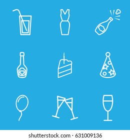 Party icons set. set of 9 party outline icons such as dress, champagne bottle with heart, wine glass, piece of cake, party hat, balloon, cocktail