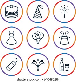 Party icons set. set of 9 party outline icons such as dress, cake, party hat, sparkler, firework, fireworks, balloon, wine glass and bottle