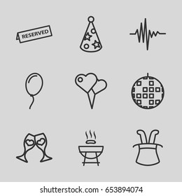 Party icons set. set of 9 party outline icons such as clink glasses, music equalizer, party hat, reserved, balloon, heart shaped air balloon, barbeque, magic hat