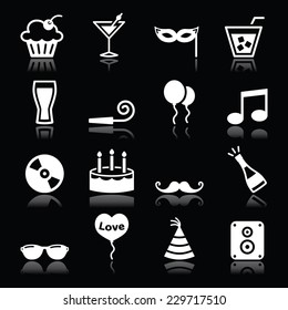 Party icons set - birthday, New Year's, Christmas on black