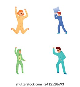 Los iconos de los partidos configuran el vector de dibujos animados. Evento en casa con gente en ropa de dormir. Compañía amiga en ropa de casa