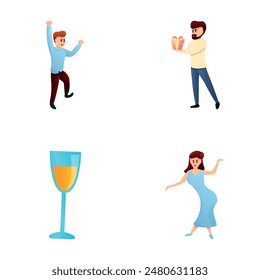 Party icons set cartoon vector. Men and women having fun. Holiday concept