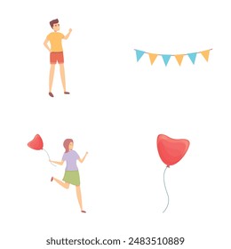 Party icons set cartoon vector. Man and woman at birthday party. Holiday, event