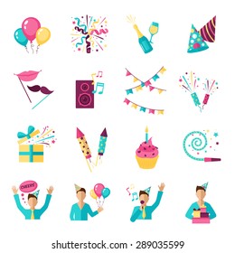 Party Icons Set With Champagne Gifts Fireworks Balloons Isolated Vector Illustration