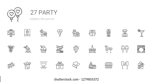 party icons set. Collection of party with cake, christmas tree, balloons, gift, grill, garlands, cocktails, champagne, wine, ice cream, marshmallow. Editable and scalable party icons.